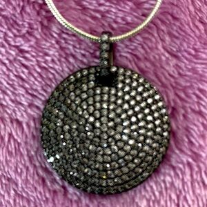 Silver & Black Diamond criatals Pendant Disc Necklace. 1 inch Diameter